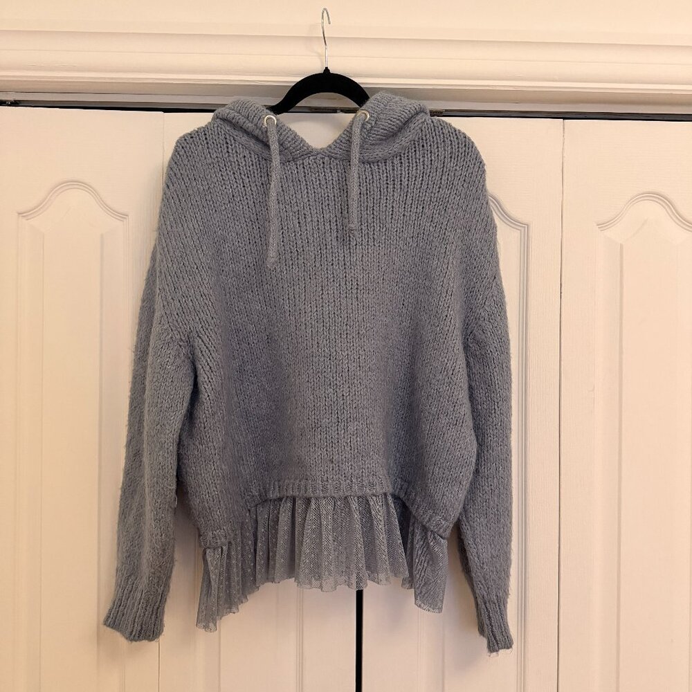 Blue Knit Hoodie with Sheer Ruffle Hem - Picture 2 of 8